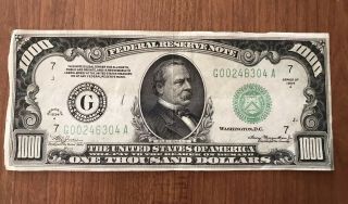 1934 Us Federal Reserve $1000 One Thousand Dollar Bill G Chicago Note G00246304a
