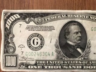 1934 US Federal Reserve $1000 One Thousand Dollar Bill G Chicago Note G00246304A 2