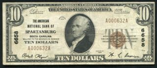 1929 $10 The American National Bank Of Spartanburg,  Sc Charter 6658
