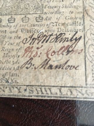 Delaware Colonial Currency 20 Shillings Note January 1 1776 Serial 879 3