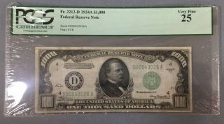 1934a $1,  000 Federal Reserve Note Fr 2212 - D Pcgs Graded 25 Very Fine Vf Bill