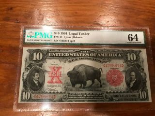1901 Legal Tender $10 " Bison " Fr.  114 Pmg Grade Choice Unc.  64 Red Seal