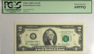 1938 - J 2003a $2 Federal Reserve Note Pcgs 69ppq Gem Series Bill 69
