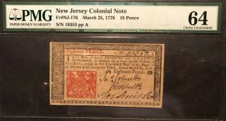 1776 Colony Of Jersey 18 Pence Note,  Pmg 64 Choice Uncirculated