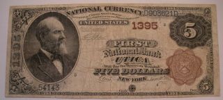 1882 $5 Brown Back National,  Utica,  York Ch 1395