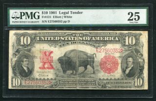 Fr.  121 1901 $10 “bison” Legal Tender United States Note Pmg Very Fine - 25