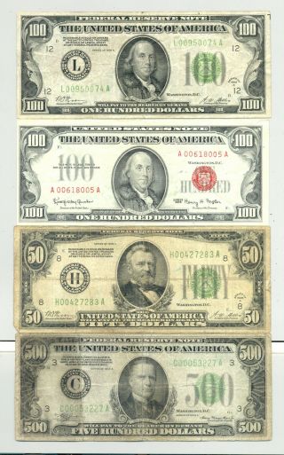 $650 Fv In $100 1966 Us Note,  A 1928 Frn $50 And $100 Bills And A 1934 $500 Bill