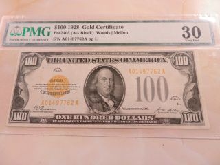1928 $100 Gold Certificate Fr 2405 Aa Block A01497762a Pmg Vf30