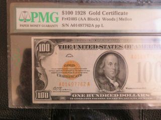 1928 $100 Gold Certificate Fr 2405 AA Block A01497762A PMG VF30 2