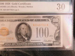 1928 $100 Gold Certificate Fr 2405 AA Block A01497762A PMG VF30 3