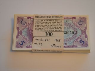 100 Military Payment Certificate Series 641 5 Cent Vietnam Era Uncirculated 1965