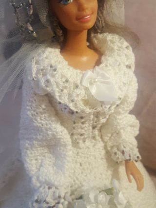 Brunette Bridal Wedding Barbie Doll & White Handmade Crochet Bride Dress,  Veil