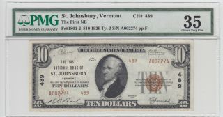 $10 First National Bank Of St.  Johnsbury,  Vermont,  1929 Series,  T - 2 Ch 489,  Vf35