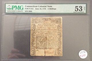 1776 5 Shillings Connecticut Colonial Note June 19th Pmg Au53 Net