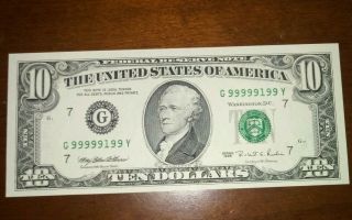 Unc 1995 $10 Dollar Bill 99999199 Near Solid Fancy Numbered Note Money