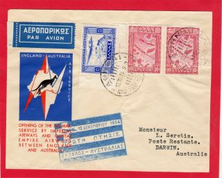 Greece Air Mail 1934 Imperial Airways First Flight Cover To Darwin Scarce