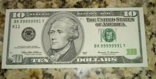 Unc 1999 $10 Dollar Bill 99999991 Near Solid Binary Serial Number Frn Note Money