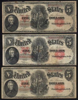 1907 $5 LEGAL TENDER NOTE WOODCHOPPER BILL GROUP OF 3 2