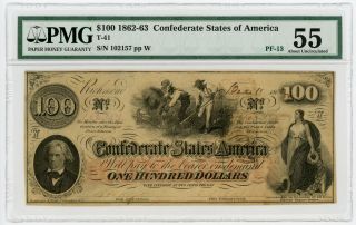 1862 T - 41 $100 Confederate States Of America Note W/ J.  Whatman Watermark Pmg 55