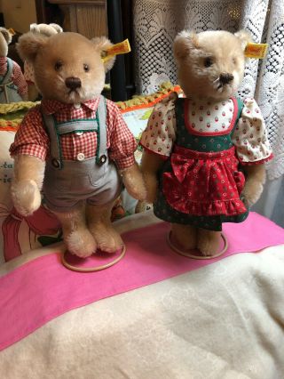 ❤steiff Teddy Bears Girl In Dirndl Dress 0275/28 Jointed Boy Dressed 0276/28 ❤