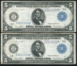 (2) Consecutive Fr.  863a 1914 $5 Frn Federal Reserve Notes Richmond,  Va