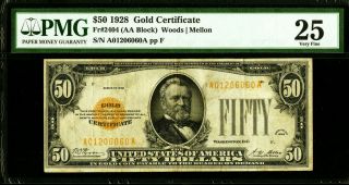 1928 Fifty Dollar $50 Gold Certificate Pmg Very Fine 25 Fr 2404 Aa Block
