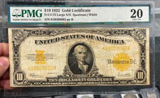 Large 1922 $10 Dollar Big Gold Certificate Coin Note Paper Money Fr 1173 Pmg 20