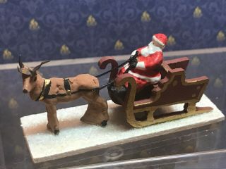 Dollhouse Miniatures Tiny Little Hand Painted Santa & Reindeer With Sleigh