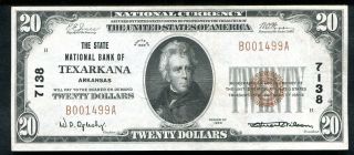 1929 $20 The State Nb Of Texarkana,  Ar National Currency Ch.  7138 Au