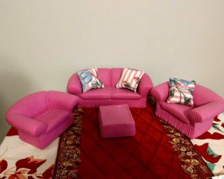 Mattel 90s Barbie Doll Pink Plastic Furniture Couch Chairs Ottoman Pillows