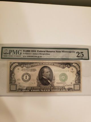 1934 $1000 Federal Reserve Note Minnesota Pmg 30 (very Fine)