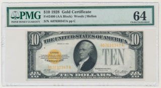 1928 Small Size $10 Dollar Gold Certificate Pmg 64