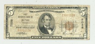 $5 Series 1929 National Banknote Reno,  Nevada 7038 Vg - Fine