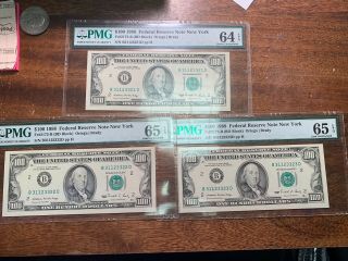 (3) 1988 $100 Ny Fed Reserve Sequential 3 Uncirculated Pmg 65/64 Epq,  31123321 - 3