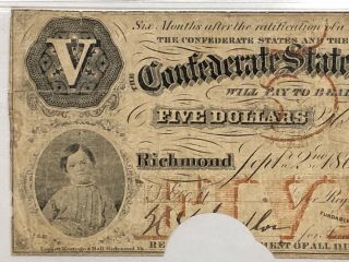 1861 T - 32 $5 Confederate States Of America Note - PMG F15 3