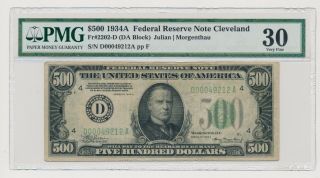1934a $500 Federal Reserve Note Cleveland Fr 2202 - D (da Block) Vf 30 Very Fine