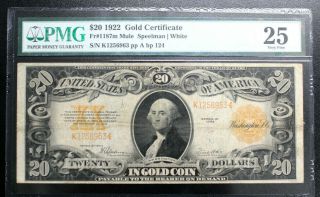1922 $20 Large Size Gold Certificate Speelman - White - Mule Pmg 25 Vf Fr 1187m