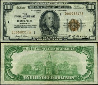 Fr.  1890 I $100 1929 Federal Reserve Bank Note Minneapolis I - A Block Xf