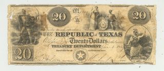 $20 Bill With Texas Star In Red Ink Issued By The Republic Of Texas June 1,  1839