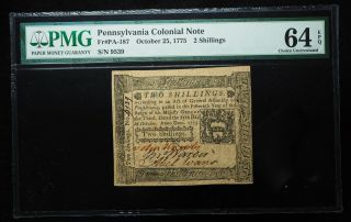 Pennsylvania,  October 25,  1775.  2 Shillings,  Pmg Choice Uncirculated 64,  Epq