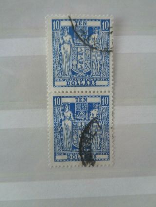 Zealand $10 Decimal Fiscal Stamp Vertical Pair Wmk / Variety Unchecked