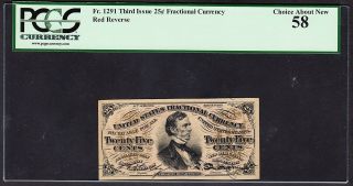 Us 25c Fractional Currency Third Issue Red Back Fr 1291 Pcgs 58 Ch Au