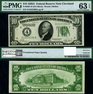 Fr.  2001 D $10 1928 - A Federal Reserve Note Cleveland D - A Block Choice Pmg Cu63 E