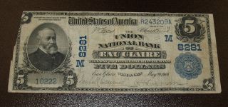 Series Of 1902 $5 Union National Bank Of Eau Claire Wi Date Back 1 Of 2 Known