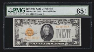 Us 1928 $20 Gold Certificate Fr 2402 Pmg 65 Epq Gem Cu (- 345)