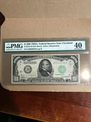 1934 - A $1000 Federal Reserve Note Cleveland Pmg Choice Ef - 40 Fr.  2212 - D