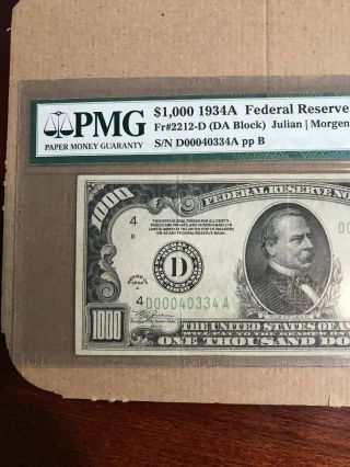 1934 - A $1000 FEDERAL RESERVE NOTE Cleveland PMG CHOICE EF - 40 FR.  2212 - D 2