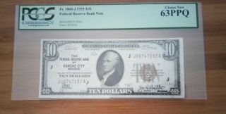 1929 $10 Federal Reserve Bank Note Kansas City Pcgs 63ppq