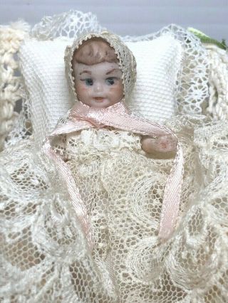 Miniature Doll In White Sleigh Pink Roses Crochet Lace Blonde Blue Eyes