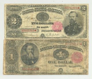 Looking Pair $1 And $2 Series 1891 Treasury (or Coin) Notes